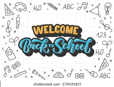Bienvenido de vuelta a la escuela con letras dibujadas a mano. Plantilla para logotipo, banner, afiche, volante, tarjeta de saludo, diseño web, diseño de impresión. Ilustración vectorial.