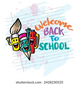 Welcome back to school hand drawn lettering on note paper background.