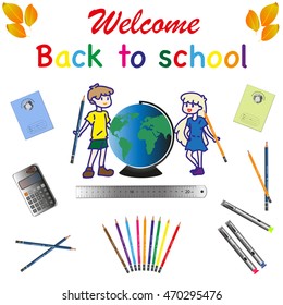 Welcome Back to school. Hand drawn kids with earth globe.Soon is the first day of school .