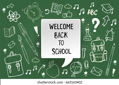 Welcome back to school. Hand drawn school supplies on a chalkboard. Book, backpack, brush, pen, pencil, alarm clock, globe, apple. Vector illustration.