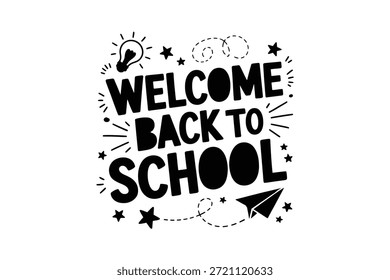 Bienvenido de nuevo a la escuela Letras de mano con útiles escolares y Palabras claves de estrellas bienvenido de nuevo a.eps