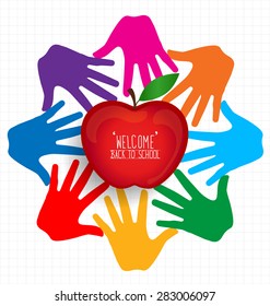 Welcome back to school with hands and apple, vector illustration.