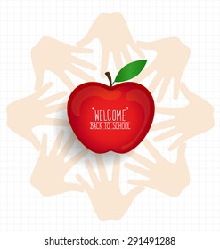 Welcome back to school with hands and apple, vector illustration.