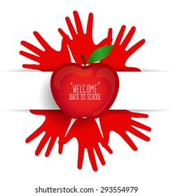 Welcome back to school with hands and apple, vector illustration.