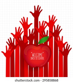 Welcome back to school with hands and apple, vector illustration.