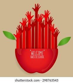 Willkommen zurück zur Schule mit Händen und Apfel, Vektorgrafik.