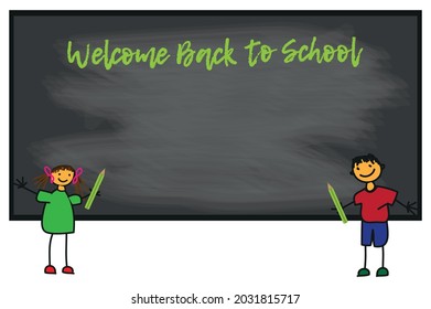Welcome back to school. Happy kids with school board.