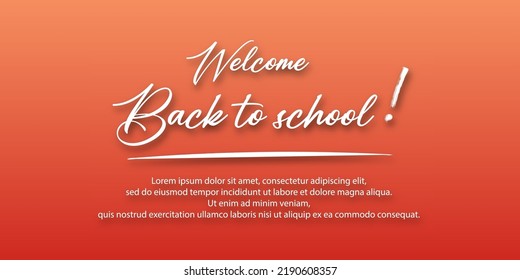 Welcome back to school. Holiday for students. Small handwritten text back to school. Place for text. Vector banner concept with notebook or note pad and pen. Orange autumn background.