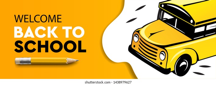 Welcome Back to school horizontal banner, school bus, vector illustration.