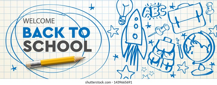 Welcome Back to school horizontal banner, doodle on checkered paper background, vector illustration.
