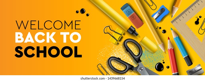 Welcome Back to school horizontal banner. First day of school, pencils and supplies on yellow background, vector illustration.