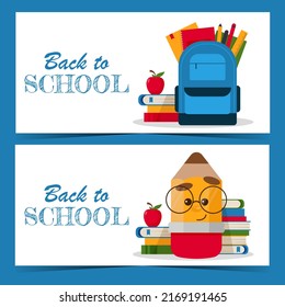 Welcome back to school horizontal banner with stack of colourful books, red apple, school supplies and exercise books in the backpack on white background and stylised pencil character with glasses.