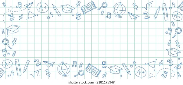 Welcome Back to school horizontal banner, doodle on checkered paper background, vector illustration. Drawing with a blue pen on a notebook sheet in a box. Vector illustration in linear style