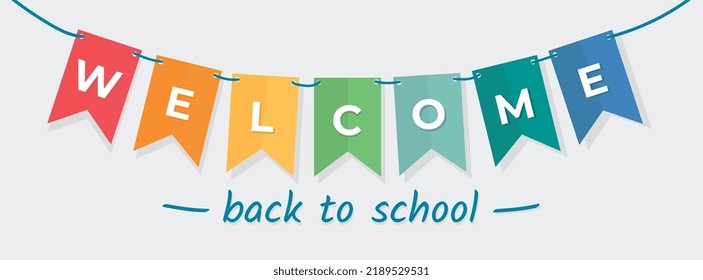 Welcome Back to school horizontal banner, cute colorful pennant for school stuffs, vector illustration with editable text. Adorable design for education, prints, web, covers, kids.