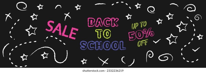 Welcome Back to school horizontal banner. Poster or banner back to school. Sale 70% off back to school. Discounts. Back to school chalkboard with chalk drawings. Neon chalk on chalkboard. Banner