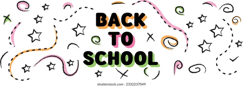 Bienvenido De vuelta a la escuela, cartel horizontal. Cartel o cartel de vuelta a la escuela. De vuelta al pizarrón escolar con dibujos en tiza. Tiza de neón en la pizarra. Cartel para web y aplicaciones. Texto 3D.