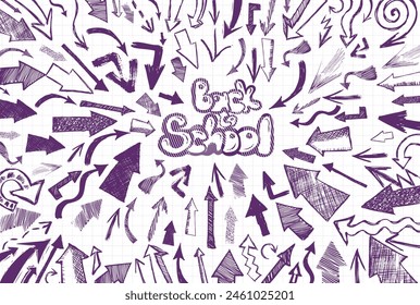 Welcome Back to school horizontal banner, doodle on checkered paper background, vector illustration. Drawing with a blue pen on a notebook sheet . Handmade, not AI Vector illustration.
