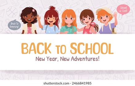 Welcome Back to School. Horizontal banner, post template with little preschool kids for educational designs, promotions, greeting cards, online education. Vector illustration featuring funny children.