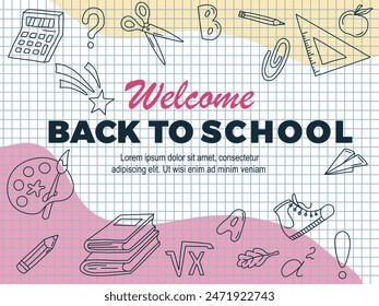 Welcome Back to school horizontal banner. Doodles on checkered paper background. Copy space