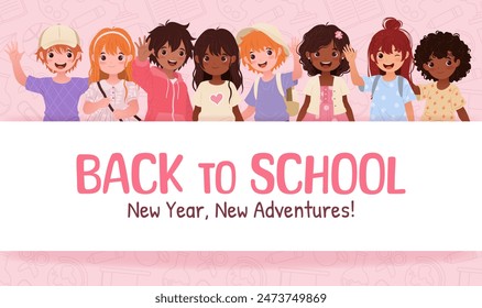 Welcome Back to School. Horizontal Banner Featuring Cheerful Preschool Kids. Ideal for Educational Designs, Promotions, Greeting Cards, and Events. Vector Illustration with Playful Children.