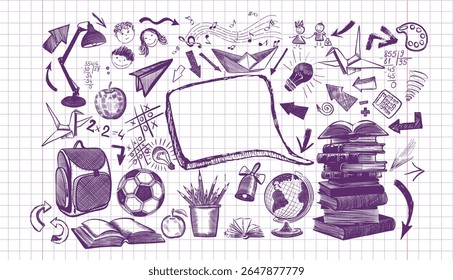 Welcome Back to school horizontal banner, doodle on checkered paper background, vector illustration. Drawing with a blue pen on a notebook sheet . Handmade, not AI Vector illustration.