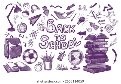 Bem-vindo de volta ao banner horizontal da escola, rabiscar no fundo de papel quadriculado, ilustração vetorial. Desenho com uma caneta azul em uma folha de caderno . Feito à mão, não ilustração AI Vetor.