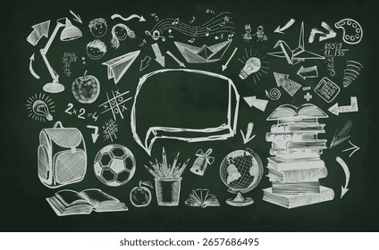 Bienvenido de nuevo al Anuncio Horizontal de la escuela, dibujo de tiza en la junta escolar, Ilustración vectorial. Hecho a mano, no Ilustración vectorial AI.