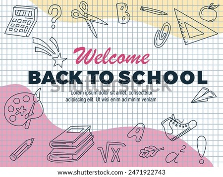 Welcome Back to school horizontal banner. Doodles on checkered paper background. Copy space