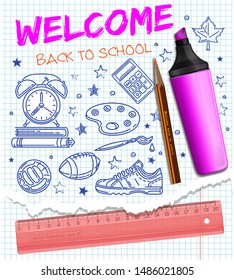 Welcome back to school. School icons set. Stylized image with ballpoint pen. Collection of icons on the theme of the school hand-drawn on a notebook sheet. Vector illustration