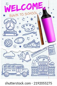 Bienvenido de vuelta a la escuela. Juego de iconos escolares. Colección de iconos sobre el tema de la escuela dibujada a mano en una hoja de bloc de notas. Ilustración del vector