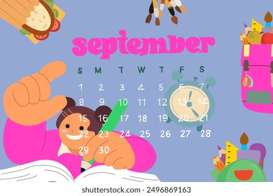 Welcome back to school illustration. Background design with children and education accessories element. Kids hand drawn flat design. September 2024 calendar