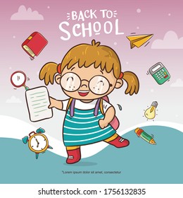 welcome back to school illustration with cute girl cartoon