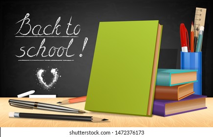Welcome back to school. Illustration for the day of knowledge. Layout of four books and stationery on a black board background. Banner for the first of September. Vector illustration.