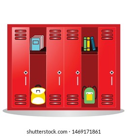 Welcome back to school illustration. Flat vector kids clipart with cupboard with books and backpack. School locker educational design. Colorful interior