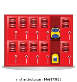 Welcome back to school illustration. Flat vector kids clipart with cupboard with backpack. School locker educational design. Colorful interior
