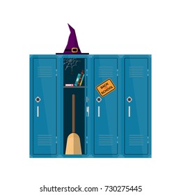 Welcome back to school illustration. Flat vector witch clipart with cupboard with books and broom. School locker halloween design. Witch school