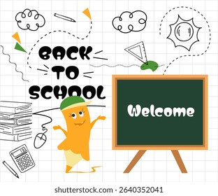 Welcome back to school illustration with hand-drawn elements, books, blackboard, pencil character and school supplies on grid background. Part of a Hand-drawn Back to School Series