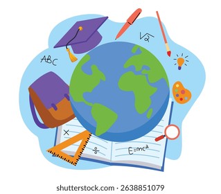 Welcome back to school. Illustration of open book with globe and education icon. Education illustration. elementary school. international day education. world book day