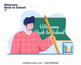 Welcome back to school illustration with student at classroom and bring pencils. Greeting welcome back to school. Can be used for banner, poster, invitation, postcard, web