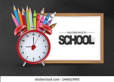 Welcome back to school illustration with a white board in a wooden frame and a red alarm clock and coloring pencils. Realistic vector.
