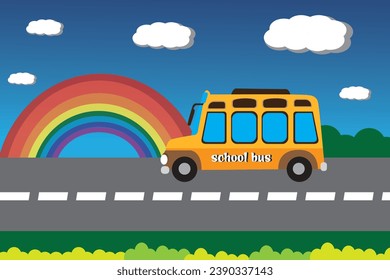 welcome back to school with illustration of yellow bus truck school on the road with landscape. Banner, poster, flyer, copy space text.
