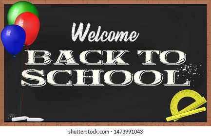 Welcome back to School inscription on blackboard. Colorful balloons and school supplies on the table. Vector Illustration.