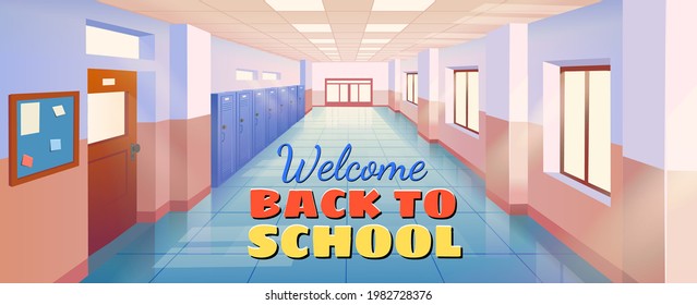 Welcome back to school. Interior school corridor with doors, windows and lockers vector illustration. Empty school or college hallway. Vector cartoon illustration.