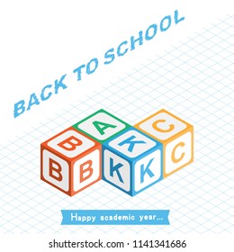 Welcome Back to school. Invitation square banner with colored cubes for children in isometric style. Vector illustration EPS10.