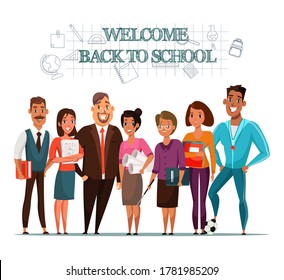 Welcome back to school inviting banner template. School teachers, pedagogues group flat characters. Educational system. Teaching staff. College tutors, educators poster design idea