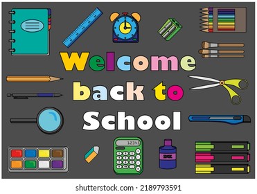 Welcome back to school, isolated illustration on dark background in cartoon style vector graphic.