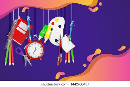 welcome back to school. school item rulers, bags, color pencils, pens and books. background, poster and template design.