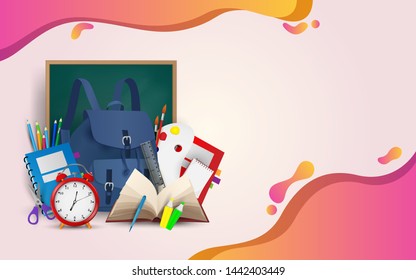 welcome back to school. school item rulers, bags, color pencils, pens and books. background, poster and template design.