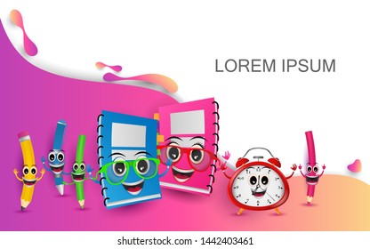 welcome back to school. school item rulers, bags, color pencils, pens and books. background, poster and template design.