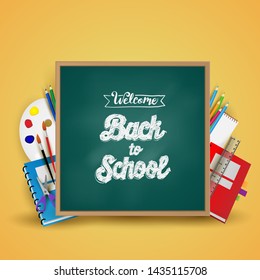 welcome back to school with school items and equipment. background, banner template